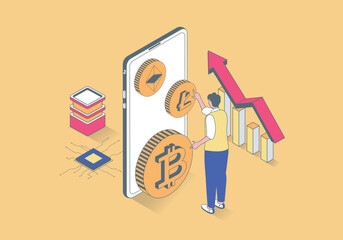 Wall Mural - Cryptocurrency concept in 3d isometric design. Man buying crypto coins, investing money in bitcoins, increases income at profit graph. Vector illustration with isometry people scene for web graphic