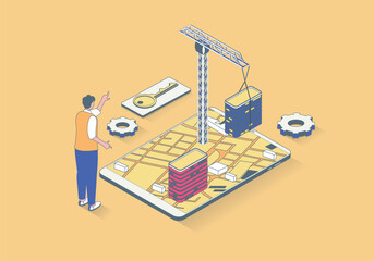 Wall Mural - real estate concept in 3d isometric design. man choosing new home and investing money in apartment, 