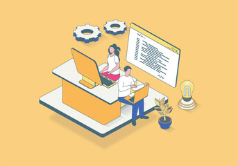 Leinwandbilder - Software programming concept in 3d isometric design. Developer team work with code, testing computer programs and making optimization. Vector illustration with isometry people scene for web graphic