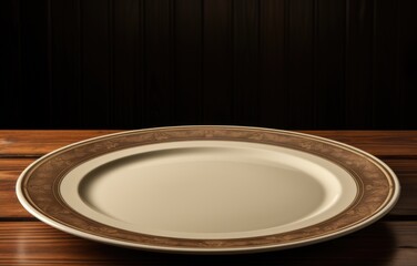 Wall Mural - Empty plate on wooden table with dark background, AI