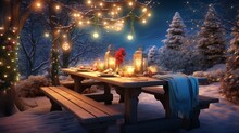 A Winter Picnic Table, Set With Holiday Treats, Softly Illuminated By Strings Of Delicate Christmas Lights, Perfect For A Festive Meal.