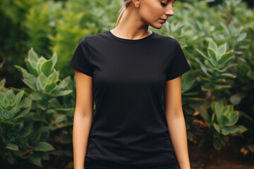 Wall Mural - A Stylish Women's Black T-shirt Mockup, Plants on Background, Perfect for Cozy Comfort and Fashion Forward Chicness