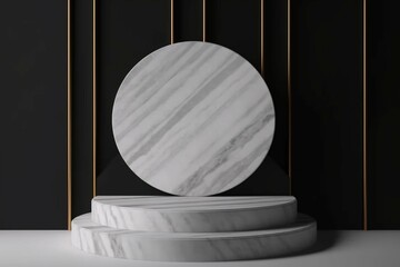 white pedestal steps isolated on black, round marble background, memorial board, art deco geometric frame, abstract minimal concept, blank space, clean design, minimal fashion mockup