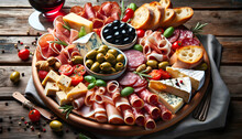 A Generous Antipasto Platter, Boasting A Variety Of Cured Meats, Cheeses, And Accompaniments, Complemented By A Glass Of Rich Red Wine