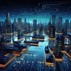Abstract image of a modern metropolis in the form of a printed circuit board and processors. Modern technologies, integration of technology into modern life.
