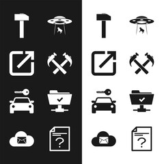 Poster - Set Two crossed hammers, Open in new window, Hammer, UFO abducts cow, Car rental and FTP operation successful icon. Vector