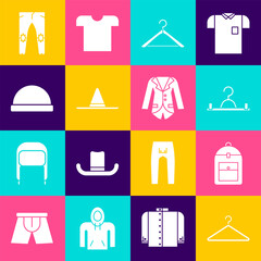 Poster - Set Hanger wardrobe, Backpack, Gardener worker hat, Beanie, Pants and Blazer jacket icon. Vector