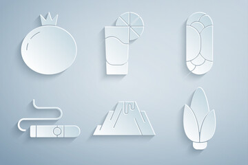 Poster - Set Volcano eruption with lava, Burrito, Cigar, Corn, Tequila glass lemon and Tomato icon. Vector