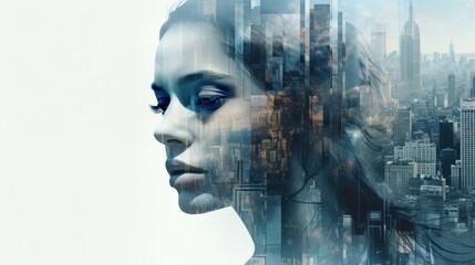 The woman's profile image is combined with an image of the city. Modern life in a metropolis. Business.