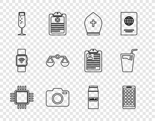 Sticker - Set line Processor with CPU, Mobile Apps, Pope hat, Photo camera, Glass of champagne, Scales justice, Paper package for milk and water icon. Vector