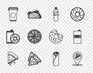 Canvas Print - Set line Slice of pizza, Location with slice, Bottle water, Nachos, Coffee cup, Pizza, Burrito and Beer can icon. Vector