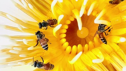 Wall Mural - 4K A swarm of bees foraging on the lotus pollen	