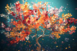 © Designcy Studio - Colorful tree with leaves on hanging branches illustration background. 3d abstraction wallpaper . Floral tree with multicolor leaves