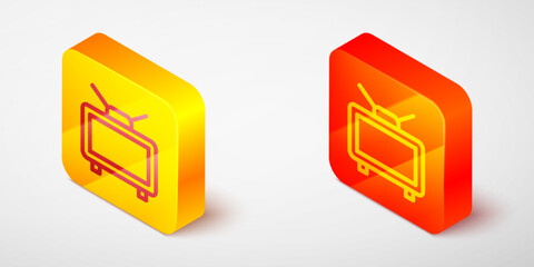 Sticker - Isometric line Football soccer match on TV icon isolated on grey background. Football online concept. Yellow and orange square button. Vector