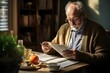 © Christian - an elderly man, wearing glasses, perusing a book about home remedies, with a bowl of warm chicken soup in front, epitomizing recovery from a cold