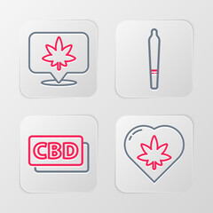 Sticker - Set line Marijuana leaf in heart, Cannabis molecule, joint and Location and cannabis icon. Vector