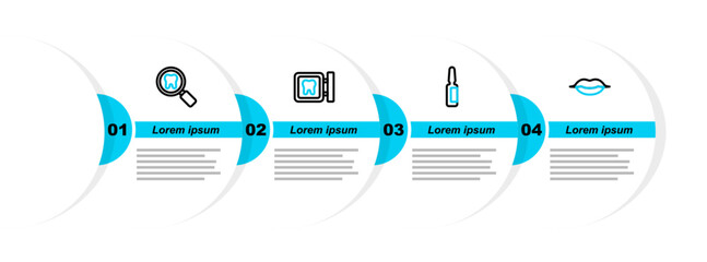 Sticker - Set line Smiling lips, Painkiller tablet, Dental clinic location and search icon. Vector