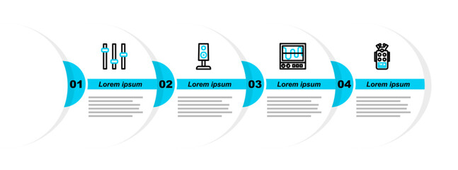 Poster - Set line Microphone, Oscilloscope, Stereo speaker and Music equalizer icon. Vector