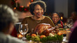 An ecstatic, elderly African American female carried a plump roast turkey to the dining table for the Thanksgiving meal with her family.