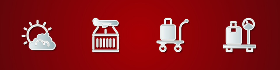 Sticker - Set Sun and cloud weather, Plane, Trolley baggage and Scale with suitcase icon. Vector