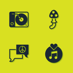 Sticker - Set Vinyl player, disk, Speech bubble chat and Psilocybin mushroom icon. Vector