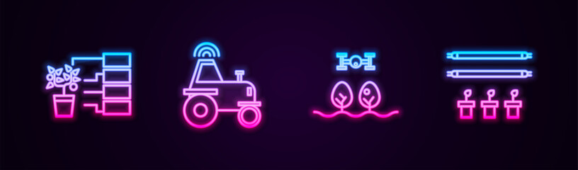 Sticker - Set line Flower analysis, Wireless tractor on smart farm, Smart with drone and bulb and plant. Glowing neon icon. Vector