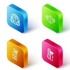 Sticker - Set Isometric line Earth with medical mask, Medical protective, Liquid antibacterial soap and High human body temperature icon. Vector