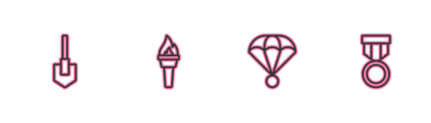 Poster - Set line Shovel, Parachute, Torch flame and Military reward medal icon. Vector