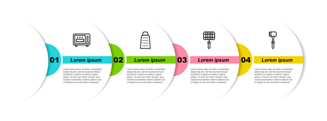 Sticker - Set line Microwave oven, Grater, Barbecue steel grid and Kitchen hammer. Business infographic template. Vector