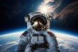 Portrait of astronaut in deep outer space spacewalking, Earth background. Close up details