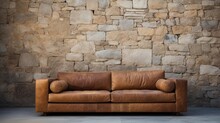 Leather Beige Sofa On The Background Of A Stone Wall, Stylish Furniture, Interior Design