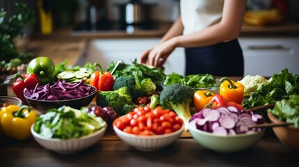 Woman preparing a healthy dish with fresh fruits and vegetables at home representing a healthy lifestyle and diet