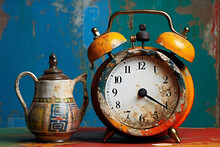 Vintage Alarm Clock And Teapot On Old Wood Background