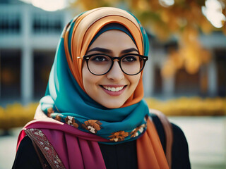 Wall Mural - Portrait of a muslim woman wearing hijab with glasses.