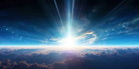 Wall Mural - panoramic view on planet earth globe from space with rising sun. glowing city lights, light clouds. 