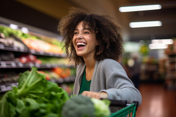 Wall Mural - A cheerful and smiling woman customer pushing a shopping cart filled with fresh groceries down the supermarket aisle, the joy of products shopping.