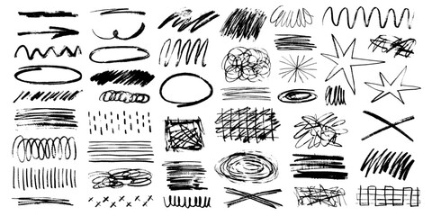 Wall Mural - grunge scrawl underlines, charcoal scribble highlights, rough brush strokes, circles, stars. bold ch
