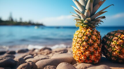 Wall Mural - Fresh pineapple with a background on beach sand