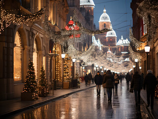 Canvas Print - A nocturnal cityscape during Christmas, illuminated by festive lights and decorations, creating a magical and warm holiday atmosphere.