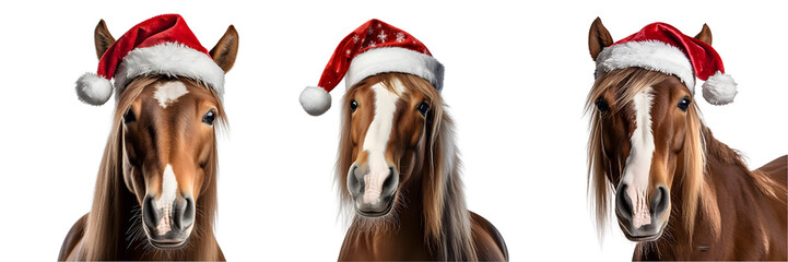 Wall Mural - Set of Horses wearing a christmas hat on transparent background