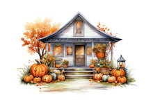 House Of Pumpkin Watercolor Illustration: Autumn Cottage With Fall Decorations And Pumpkins On The Front Porch, Clip Art