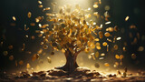 Fototapeta  - Money tree,a living tree is sprouting from piles of money,American Dollars on a Bonsai Tree.