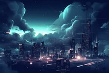 Futuristic Cityscape Beneath Dark Cloudy Night Sky. Generative AI