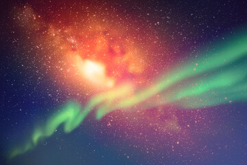 Poster - night starry sky. milky way and northern lights. green aurora borealis
