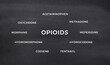 Digital illustration graphic of the word Opioids and different kinds of opioids digitally written on black chalkboard.