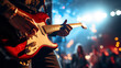 Zoom in on a guitarist's fingers as they shred through a guitar solo, emphasizing the intricate details of the performance, rock concert, blurred background