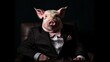 portrait of a hungover pig wearing a suit black background.Generative AI