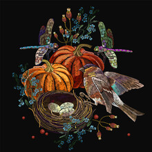 Orange Pumpkin, Bird Nest And Dragonflies. Halloween Background. Embroidery Autumn Gothic Art. Template For Clothes, T-shirt Design