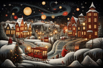 Christmas village on winter night. In the style of optical illusion paintings