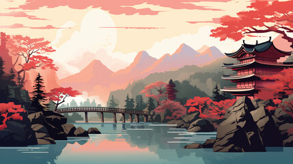 Wall Mural - copy space, stockphoto, japanese art style, japanese landschape with temples and waterfalls. Beautiful typical Japanese landscape with traditional temples. Beautiful nature landscape. Design for resta